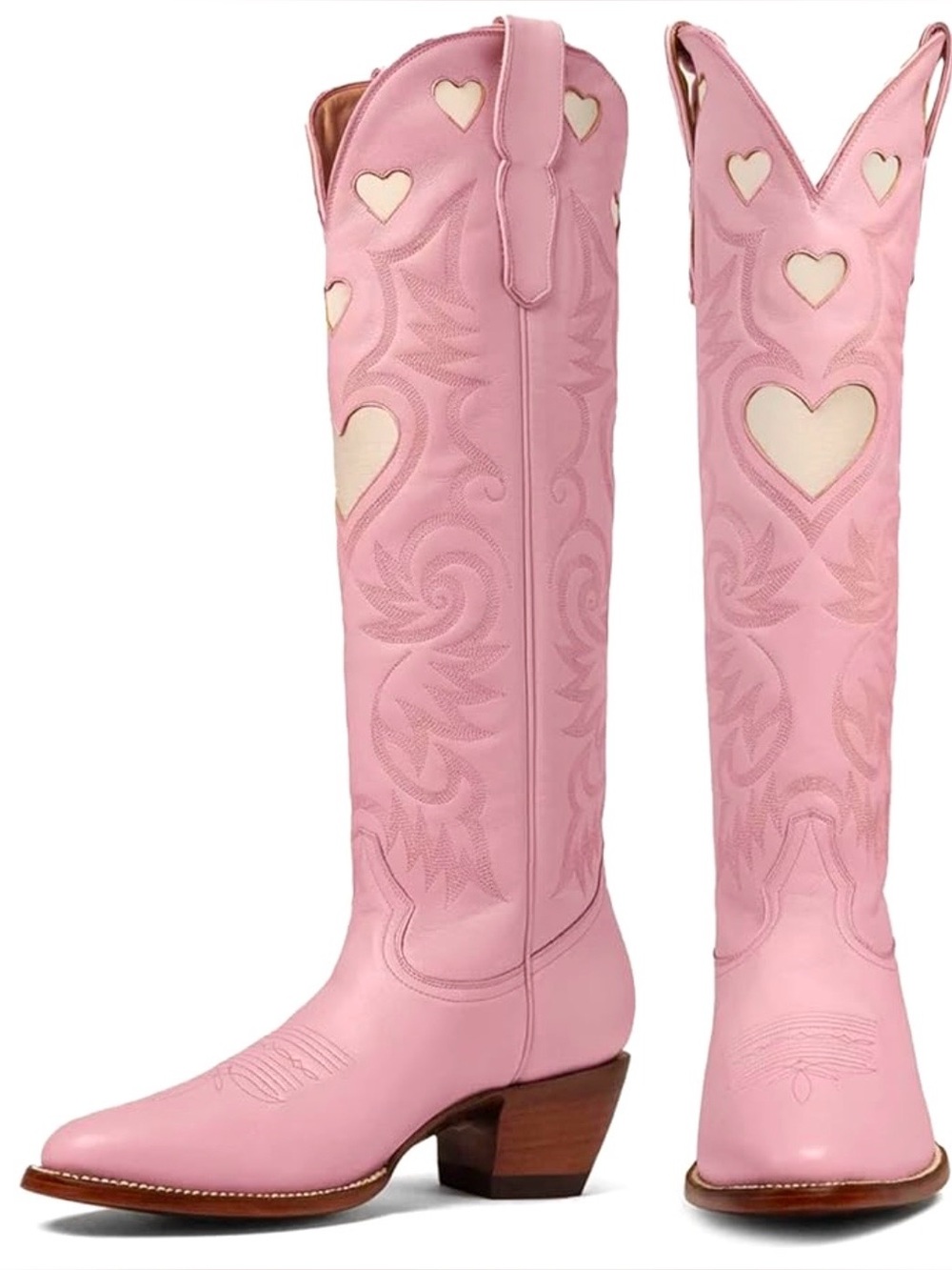 Women’s Pink Knee High Cowboy Boots Heart Cutout Western Pull-On Chunky Heel